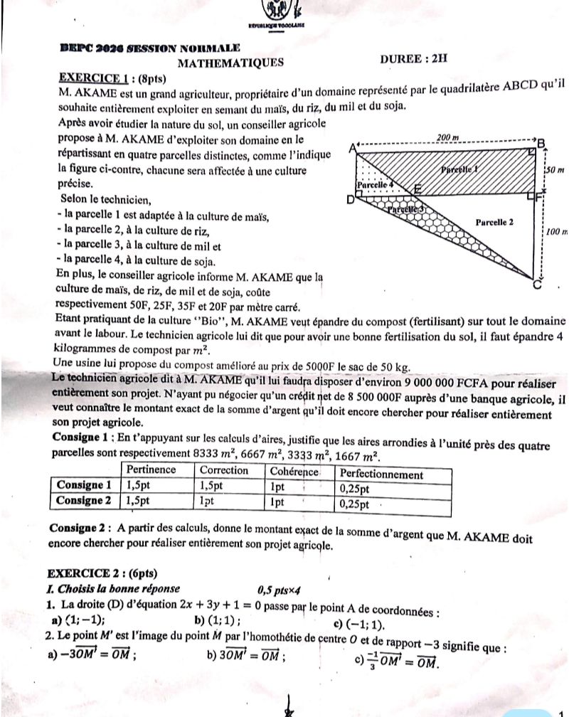 SUJET CORRIGÉ BEPC MATHS 2026