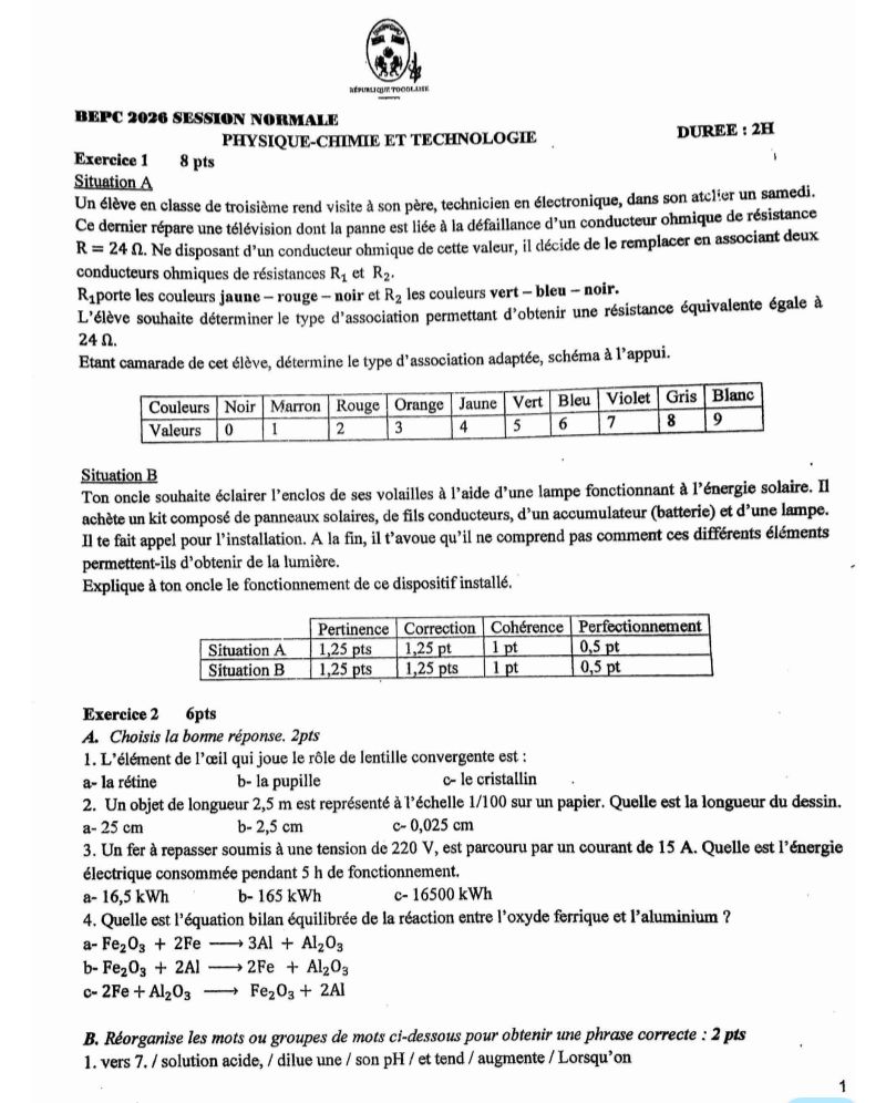 SUJET CORRIGÉ PCT BEPC 2026