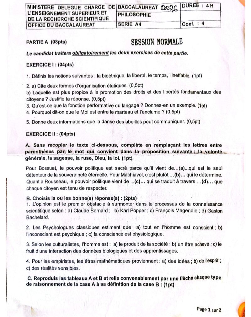 BAC II  2026 TOGO PHILOSOPHIE A4