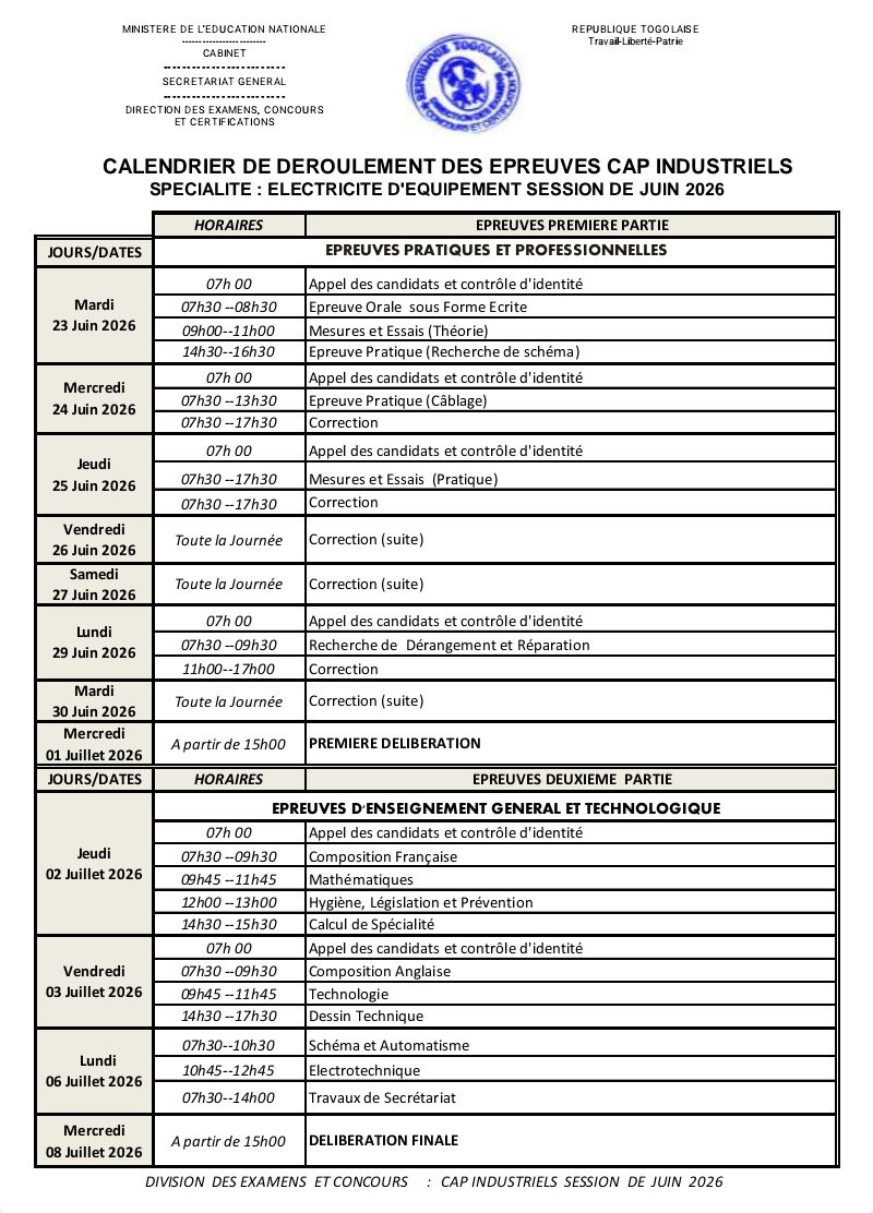 CALENDRIER  DÉROULEMENT CAP INDUSTRIEL  2026, TOUTES  SPÉCIALITÉS
