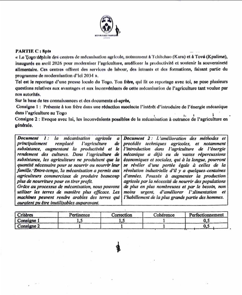 SUJET CORRIGÉ BEPC 2026 AGRICULTURE