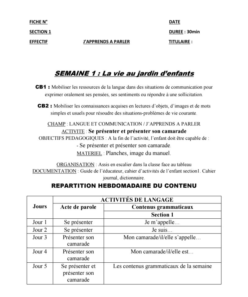 FICHE PÉDAGOGIQUE J'APPRENDS À PARLER JARDIN