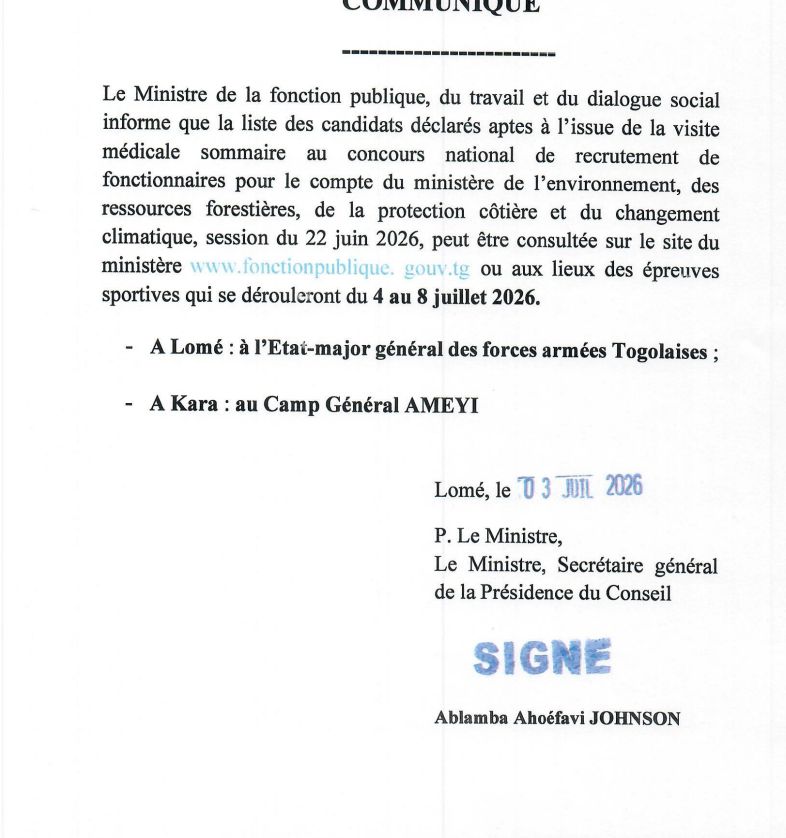 CONCOURS MINISTÈRE DE L'ENVIRONNEMENT LISTE CANDIDATS DÉCLARÉS APTES KARA