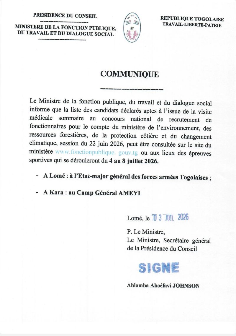 CONCOURS MINISTÈRE DE L'ENVIRONNEMENT, CANDIDATS DECLARÉS APTES LOMÉ