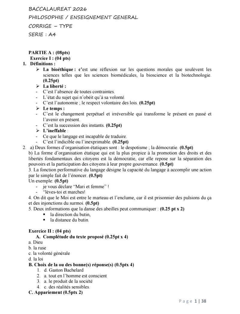 SUJET CORRIGÉ PHILO BAC II TOGO 2026 SÉRIES A C D